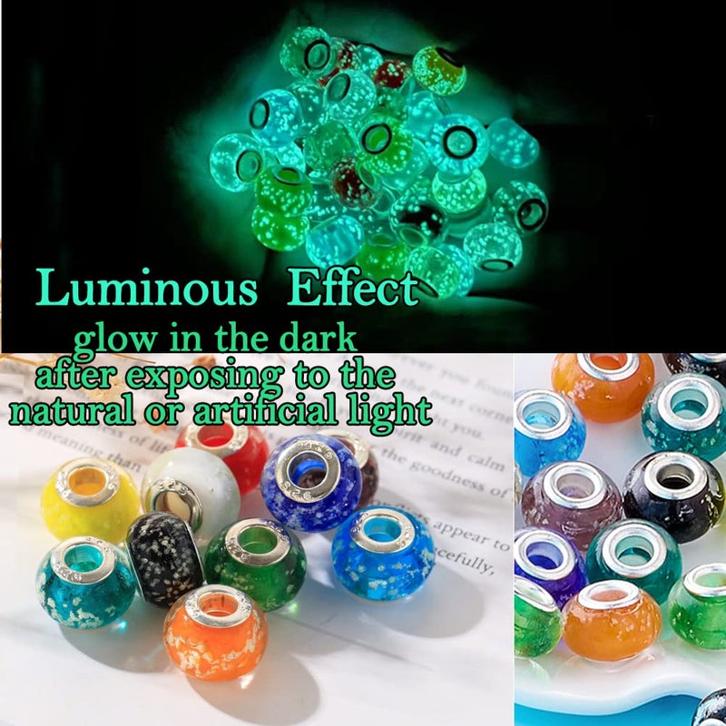 BB Beadthoven Beadthoven 100pcs Glow in The Dark Beads Handmade Luminous Lampwork Style Large Hole European Beads with Silver Tone Brass Cores Mixed Color Rondelle Glass Beads 14x9-10mm Hole: 5mm - Image 2